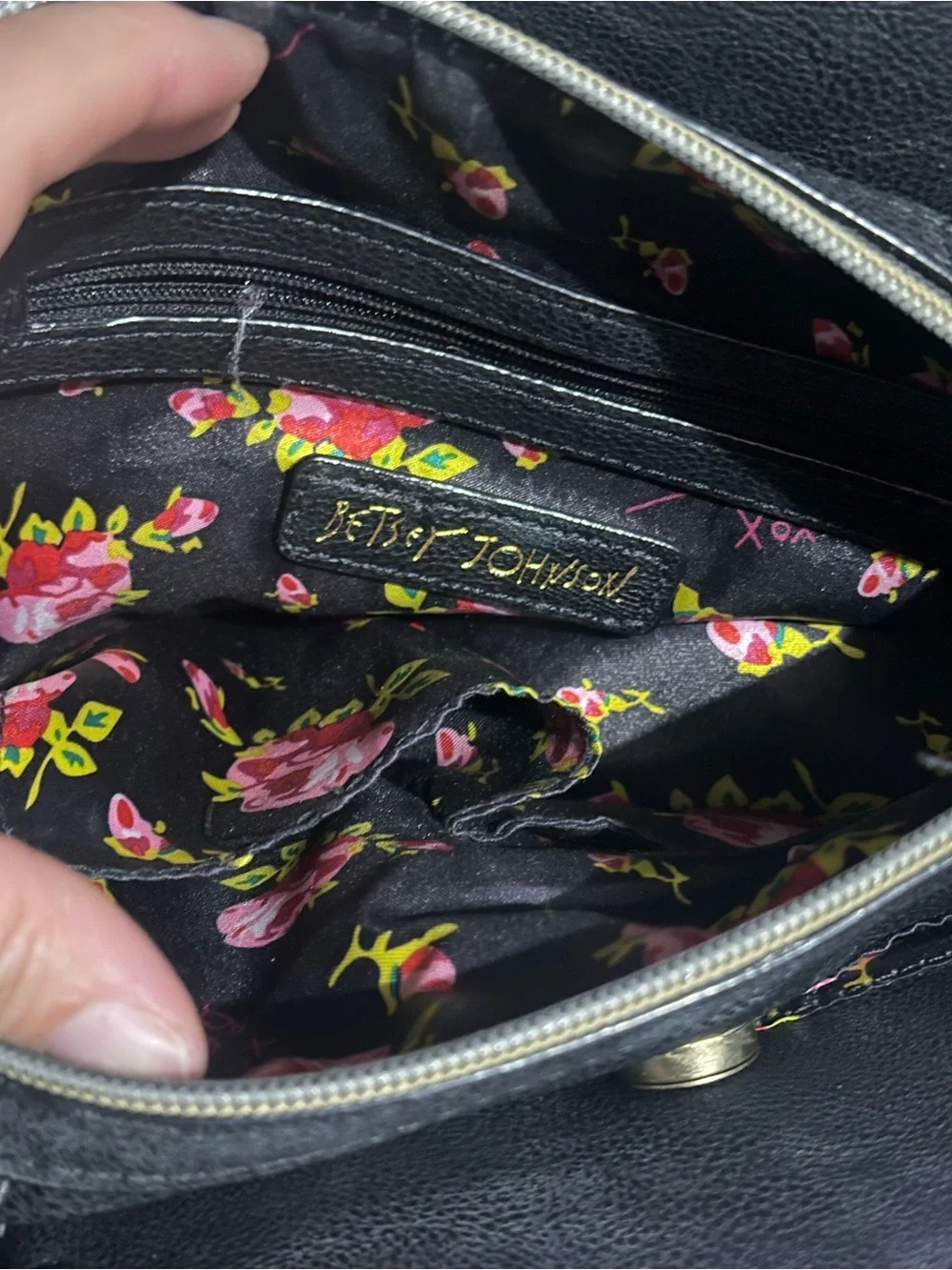 Betsey Johnson Black and White Striped Satchel with Hot Pink Bow